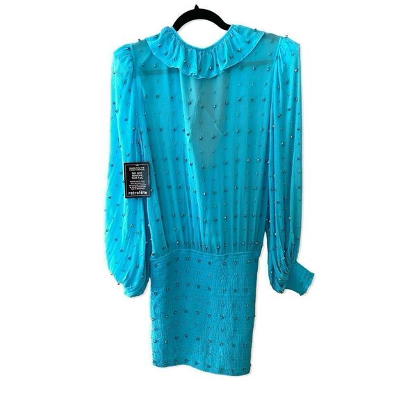 Retrofete Lennon Dress embellished smocked mini chiffon rhinestone acqua blue M - Picture 8 of 15